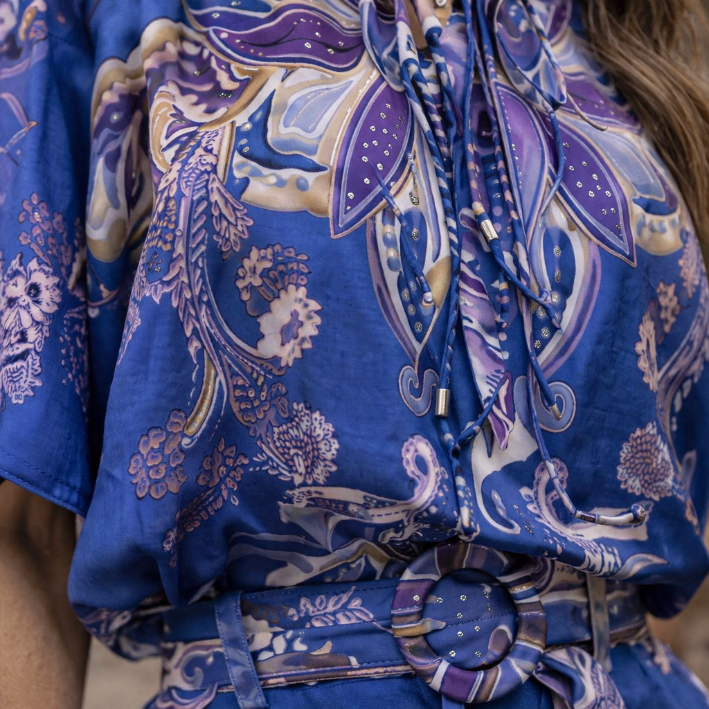 Dames 2-Delige Set – Luchtige Blouse & High Waist Short Blauw met Print – Zomerse Co-ord Set