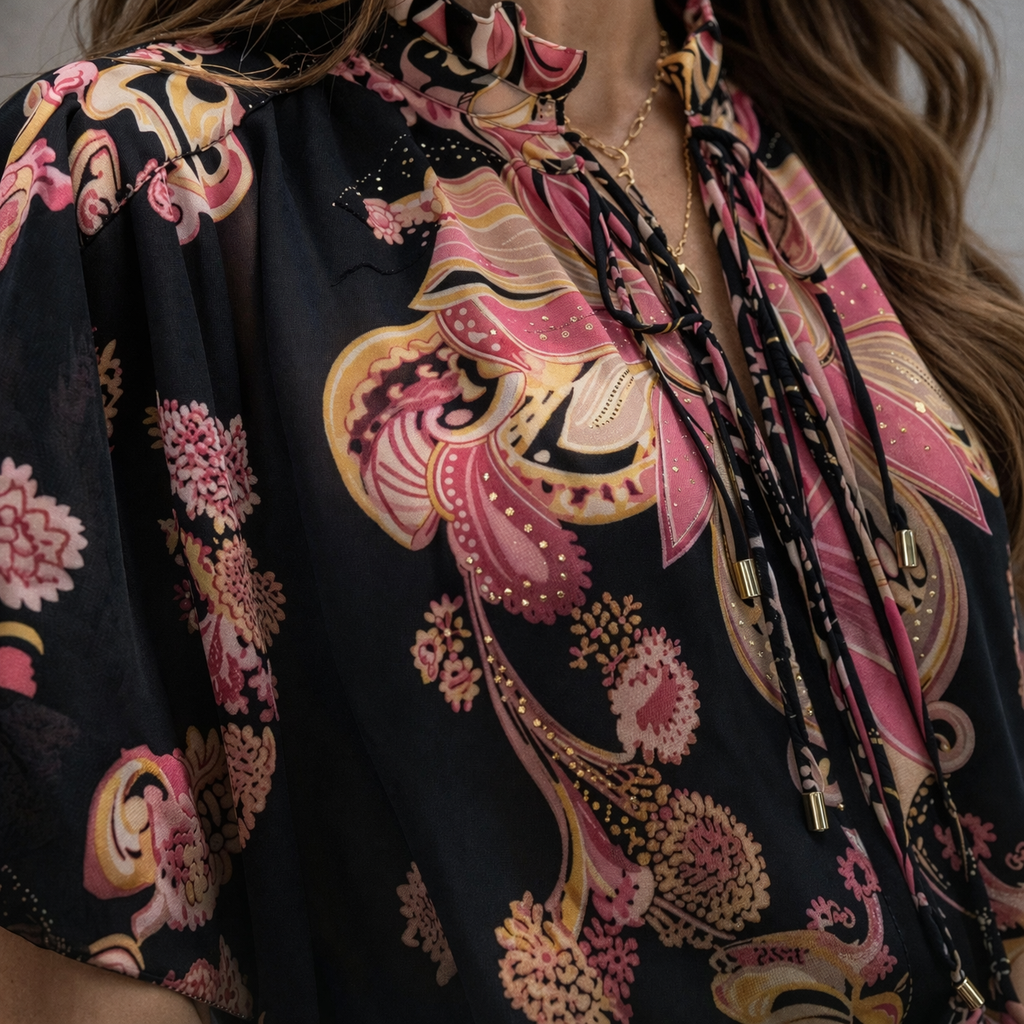 Dames 2-Delige Set – Luchtige Blouse & High Waist Short Zwart met Print – Zomerse Co-ord Set