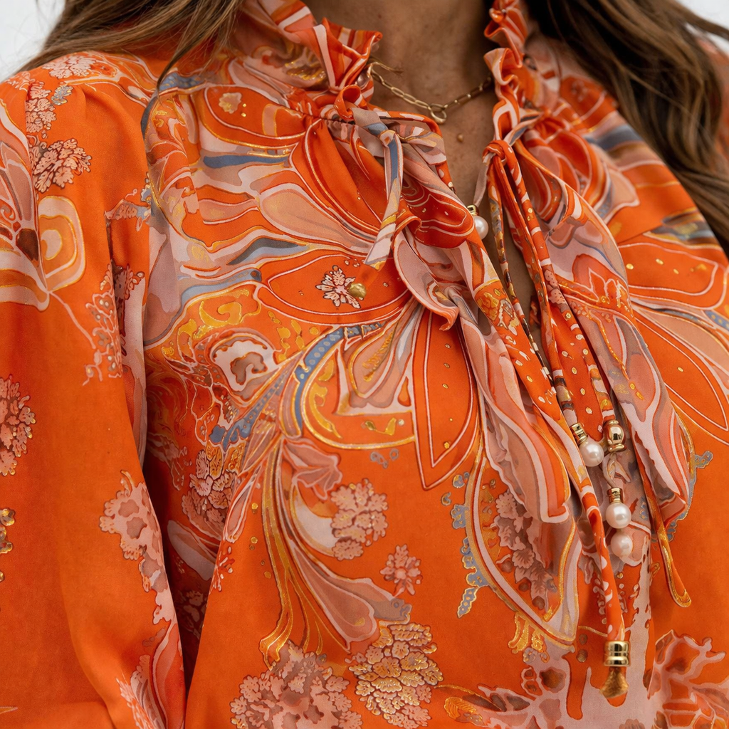 Dames 2-Delige Set – Luchtige Blouse & High Waist Short Oranje met Print – Zomerse Co-ord Set