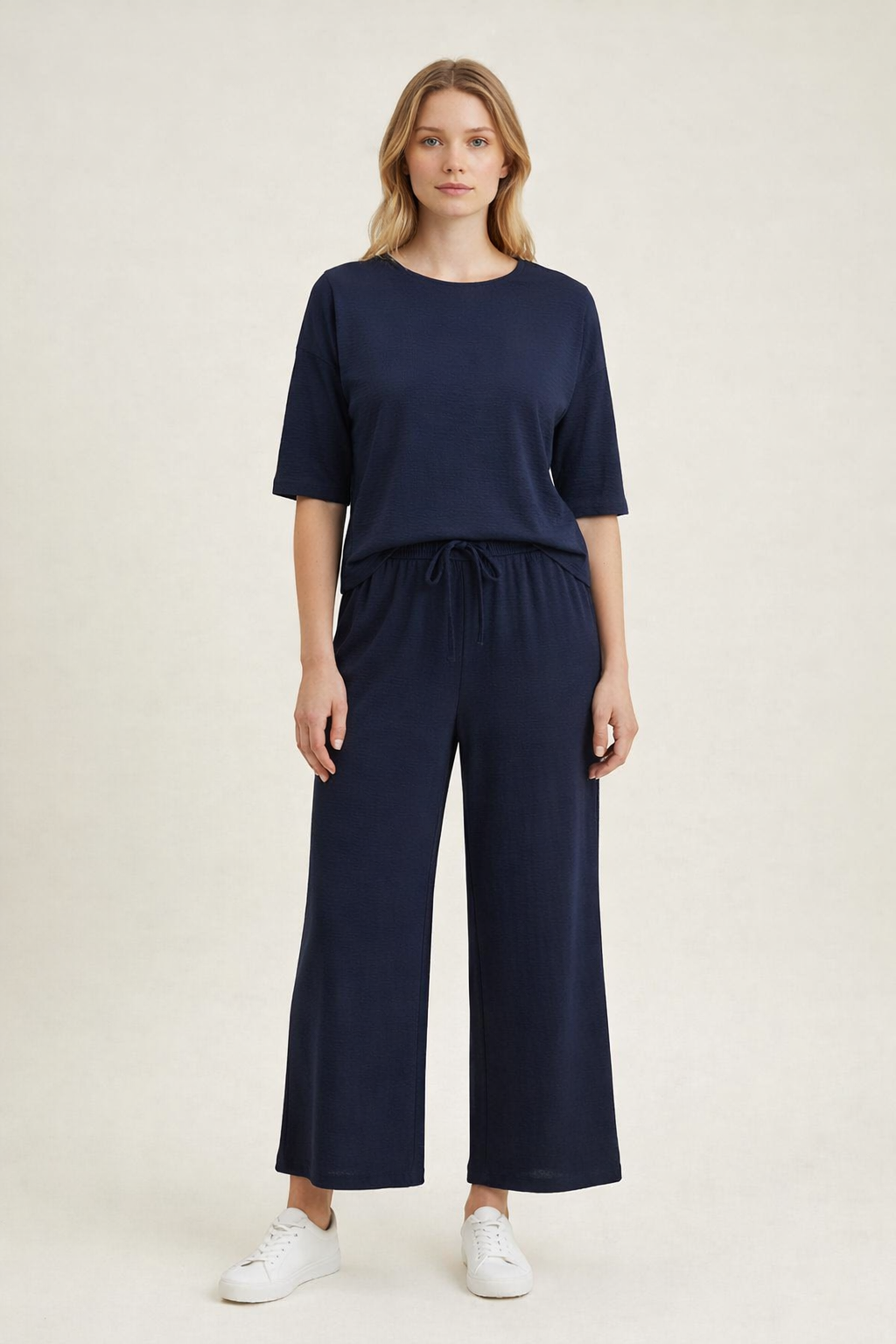 Donkerblauwe Lounge Set Dames Wide Leg Broek & Top – Comfort Fit Elastische Taille