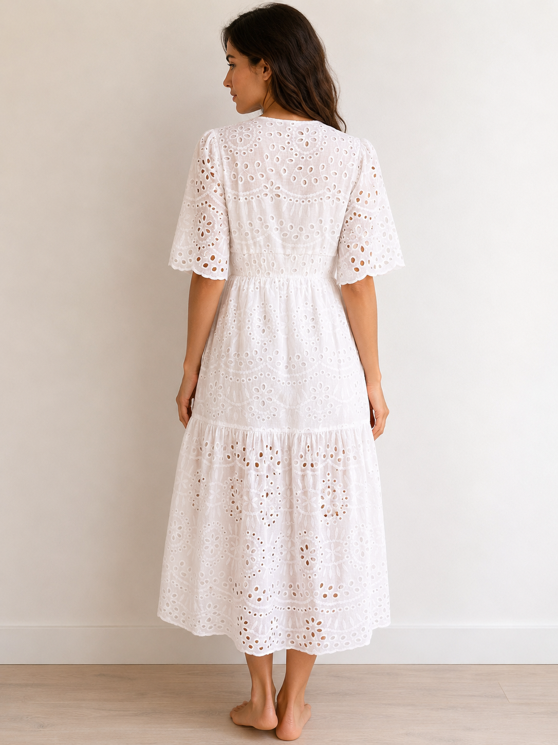 Witte Broderie Midi Jurk