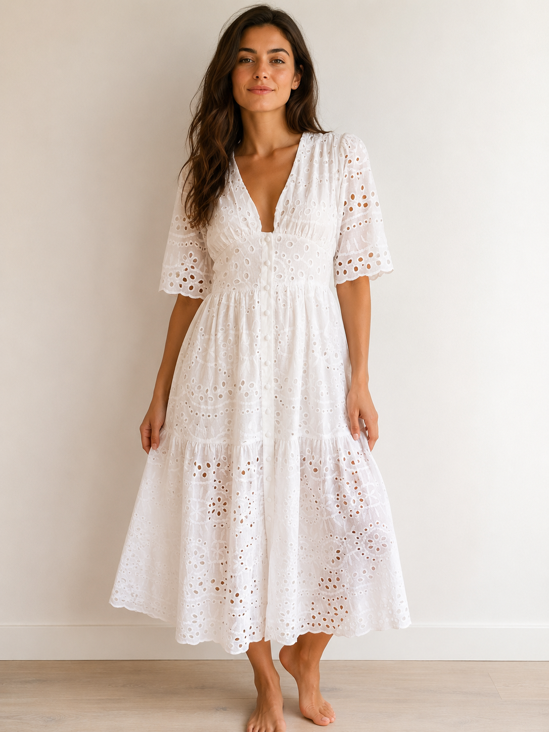 Witte Broderie Midi Jurk