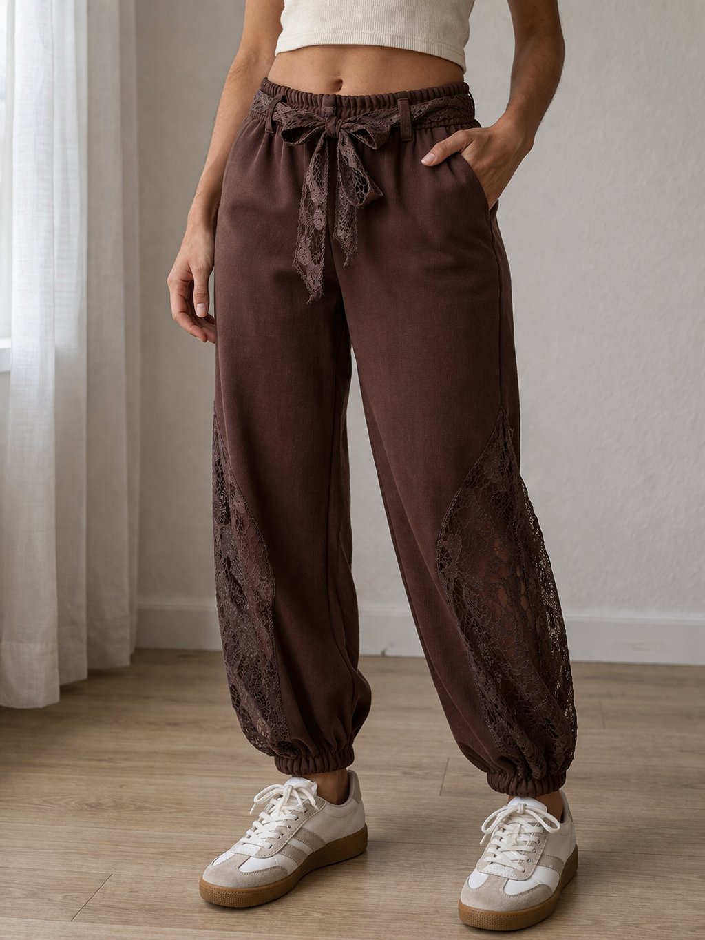 Choco bruine dames broek met kant detail – viscose stretch pantalon (comfort & stijl)
