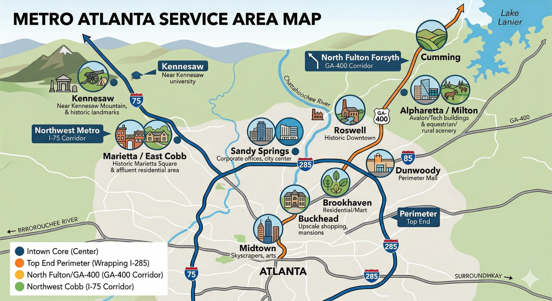 A map of Metro Atlanta service areas highlighting transit corridors in blue, orange, yellow, and green across the region.