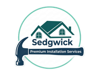 Logo for Sedgwick Premium Installation Services, featuring orange house and home improvement icons on a dark blue background.