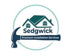 Logo for Sedgwick Premium Installation Services, featuring a house icon surrounded by tools, furniture, and decor items.