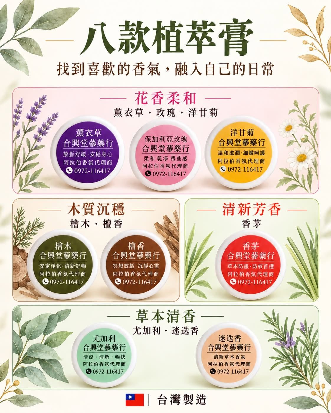 合興堂 - 八款植萃膏 薰衣草/玫瑰/洋甘菊/檜木/檀香/香茅/尤加利/迷迭香 (授權經銷商)