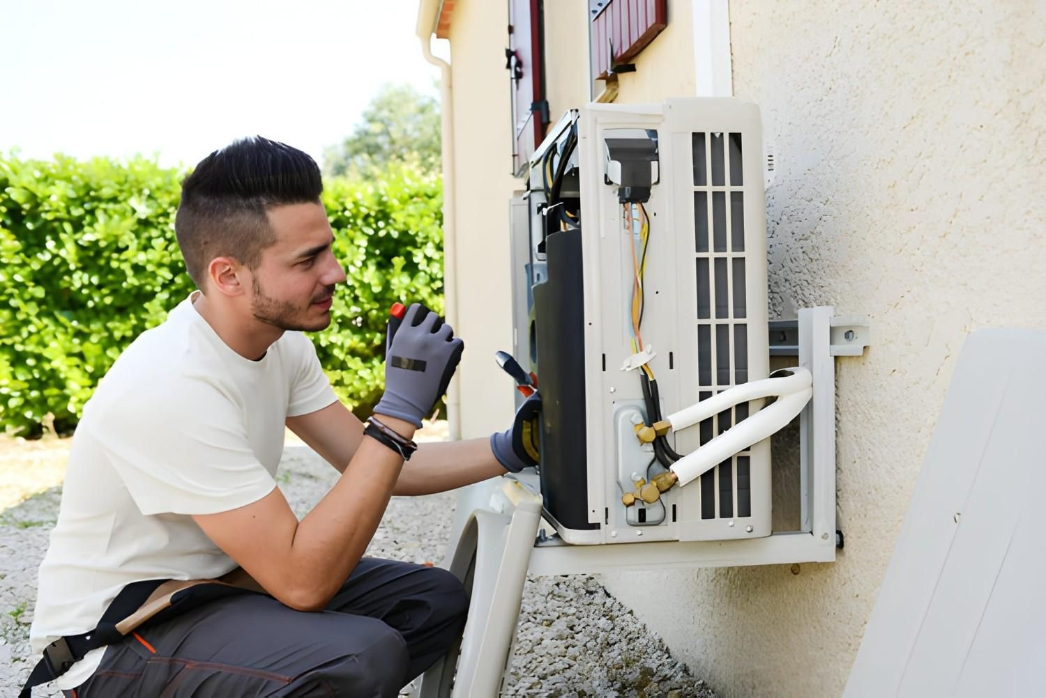 A Man Works on An Outdoor Air Conditioning Unit — Careda Air in Saint Georges Basin, NSW
