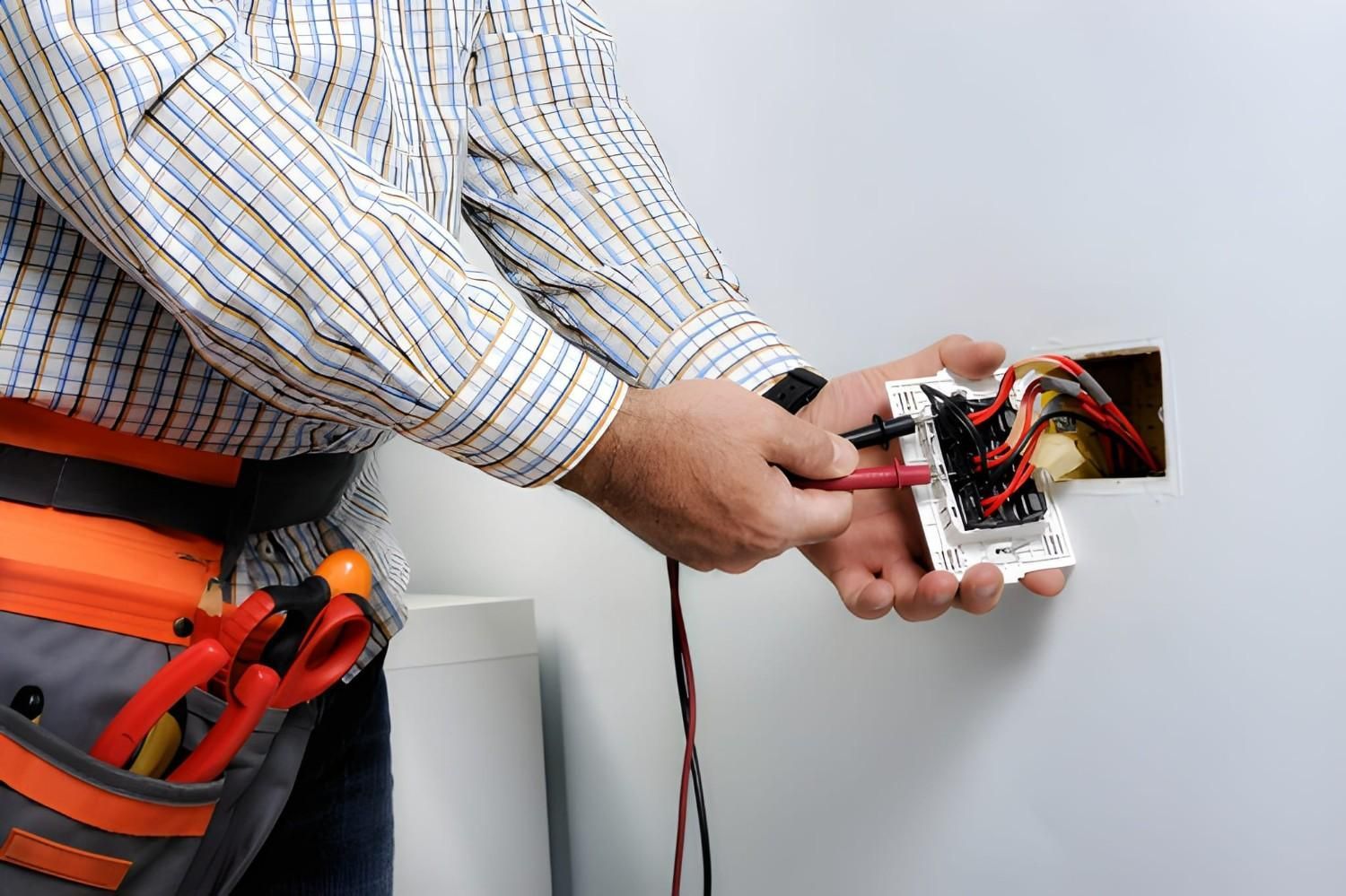 Electrician Testing Wall Outlet Wires With Multimeter While Wearing Tool Belt — Careda Air in Saint Georges Basin, NSW