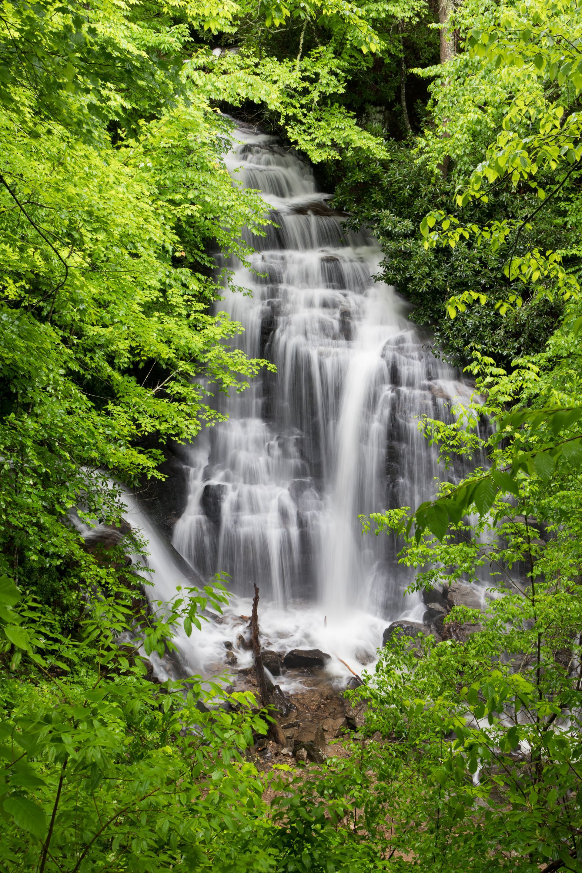 Waterfall cascading down rock steps, surrounded by lush green foliage.