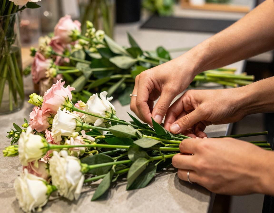 Hands arranging pink and white flowers into bouquets on a worktable