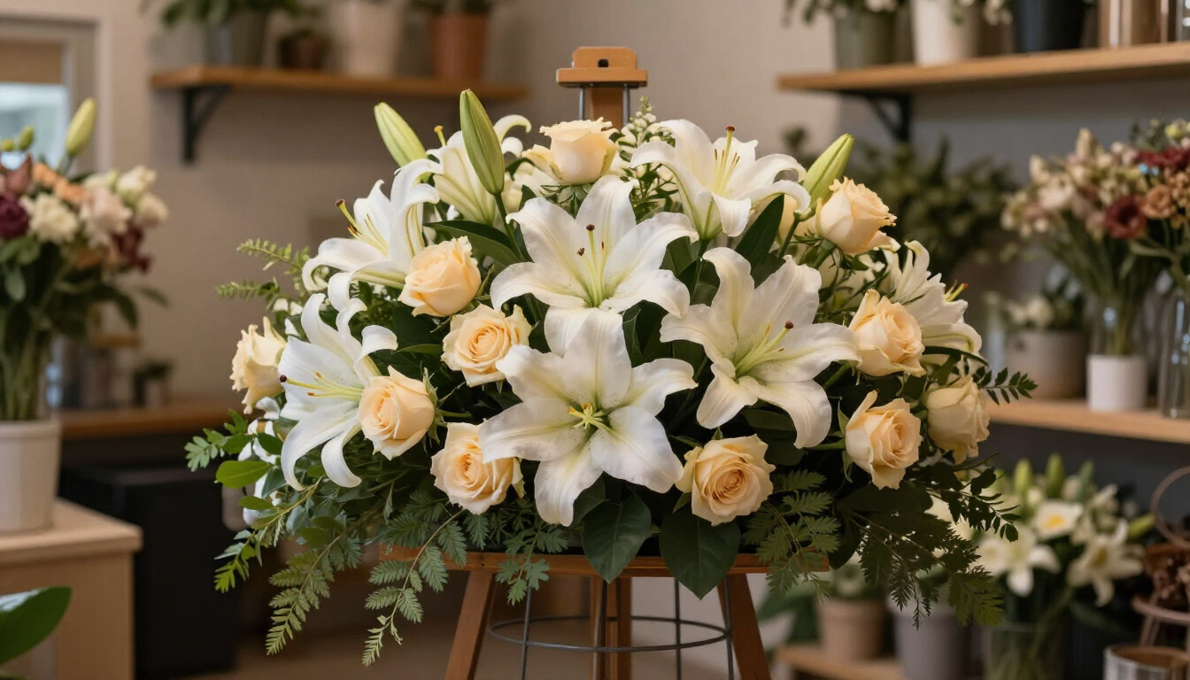 White lilies and pale roses arranged in a large bouquet on a wooden stand in a flower shop