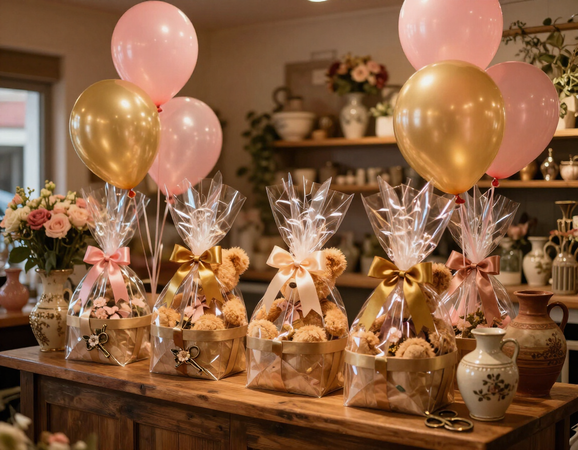 Party dessert table with pink and gold balloon decorations and wrapped treats on a wooden buffet table
