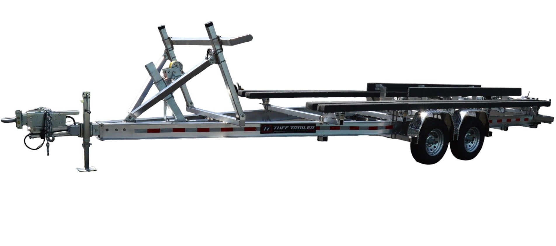 A silver boat trailer with two wheels, supports, and a winch, on a white background.