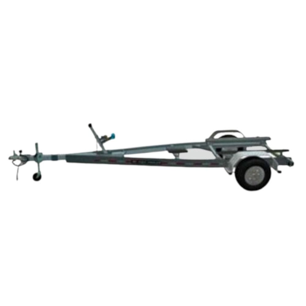 Boat trailer, silver frame, single axle, with winch and roller at the bow.