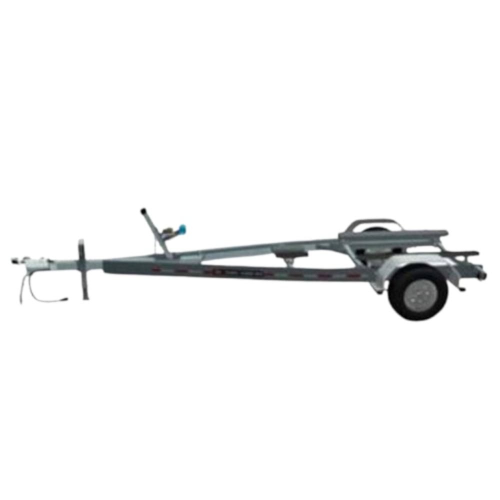 A boat trailer, silver frame, black wheel, and winch.