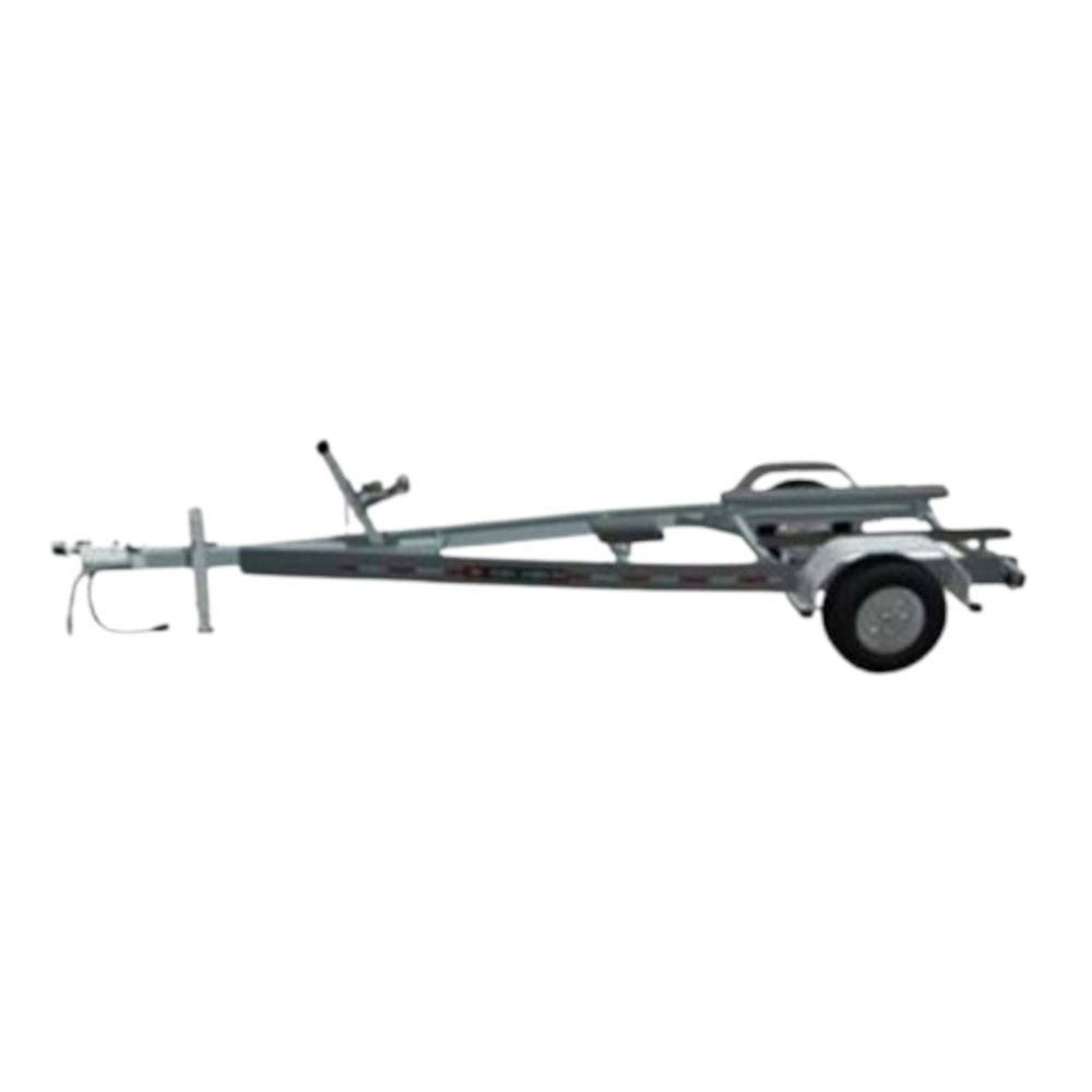 Boat trailer, silver metal frame, single wheel, supports a boat.