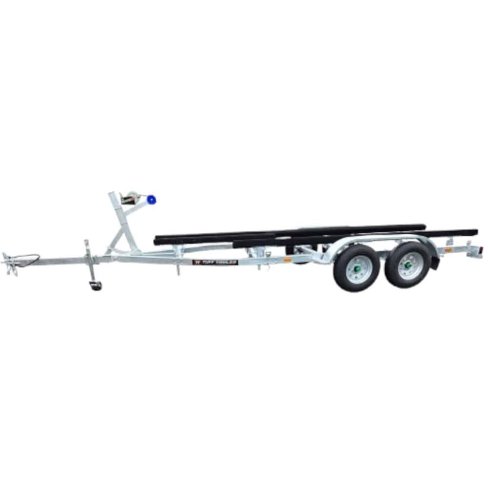Boat trailer, galvanized steel frame with two wheels and winch.