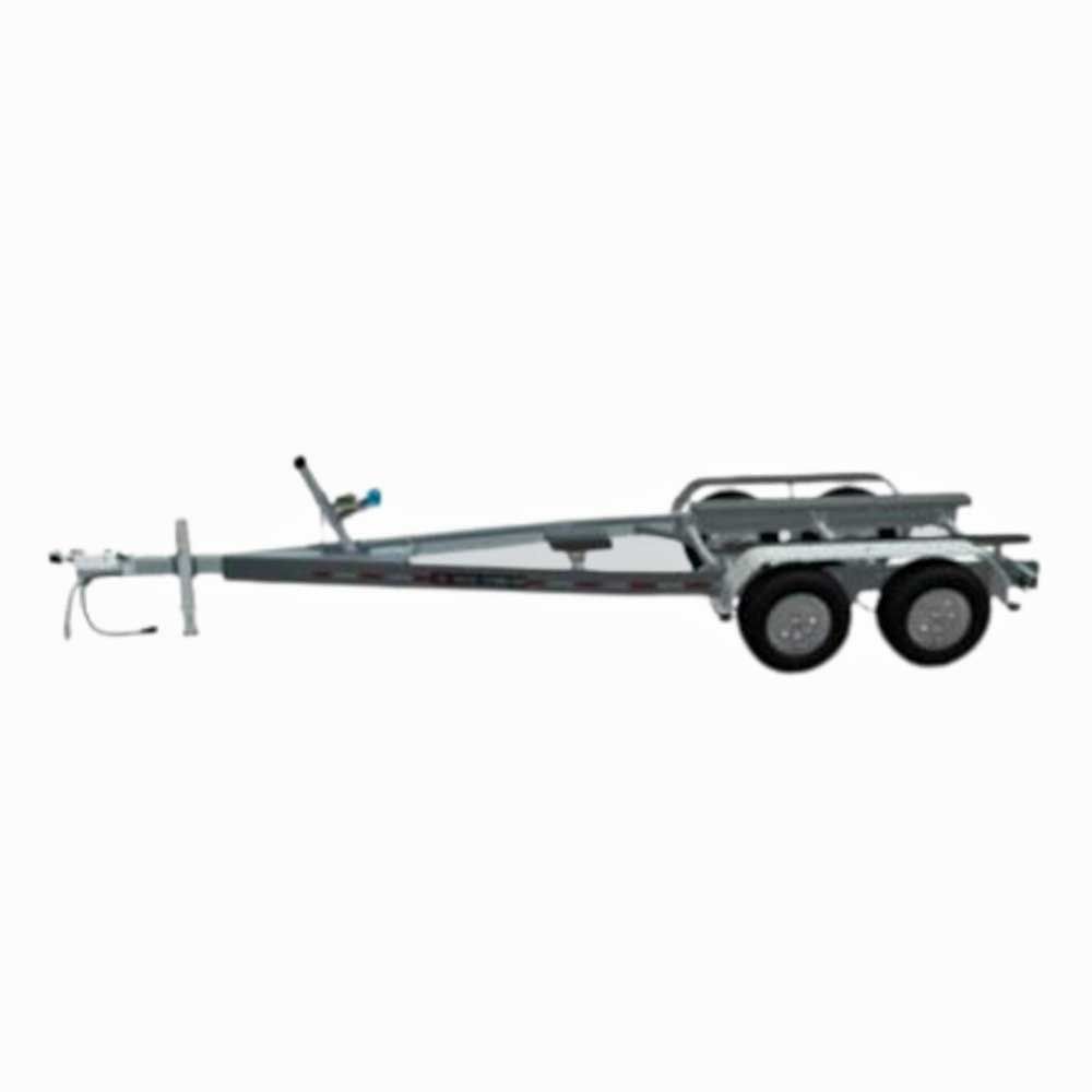 Boat trailer, gray metal frame, two tires, winch, and rollers.