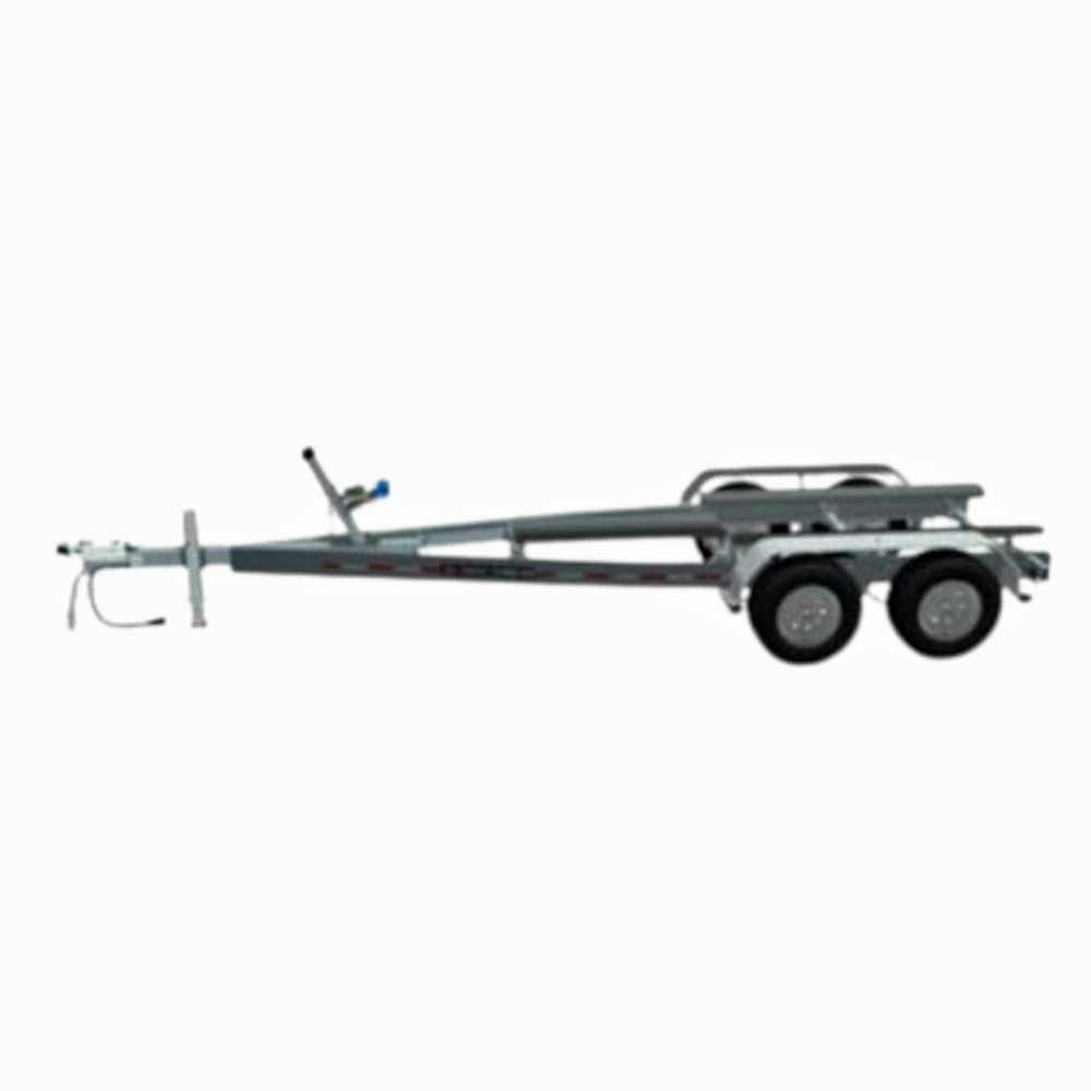 Boat trailer, gray metal frame, two tires, winch, and supports.