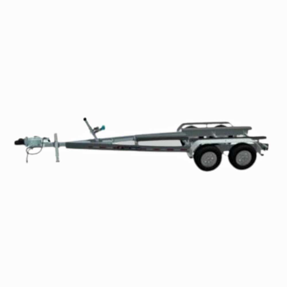 Boat trailer with dual wheels, winch, and frame.