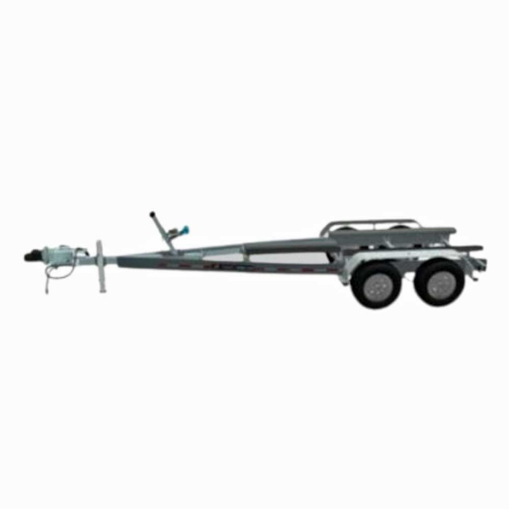 Boat trailer with two wheels, a winch, and a supporting frame, against a white background.