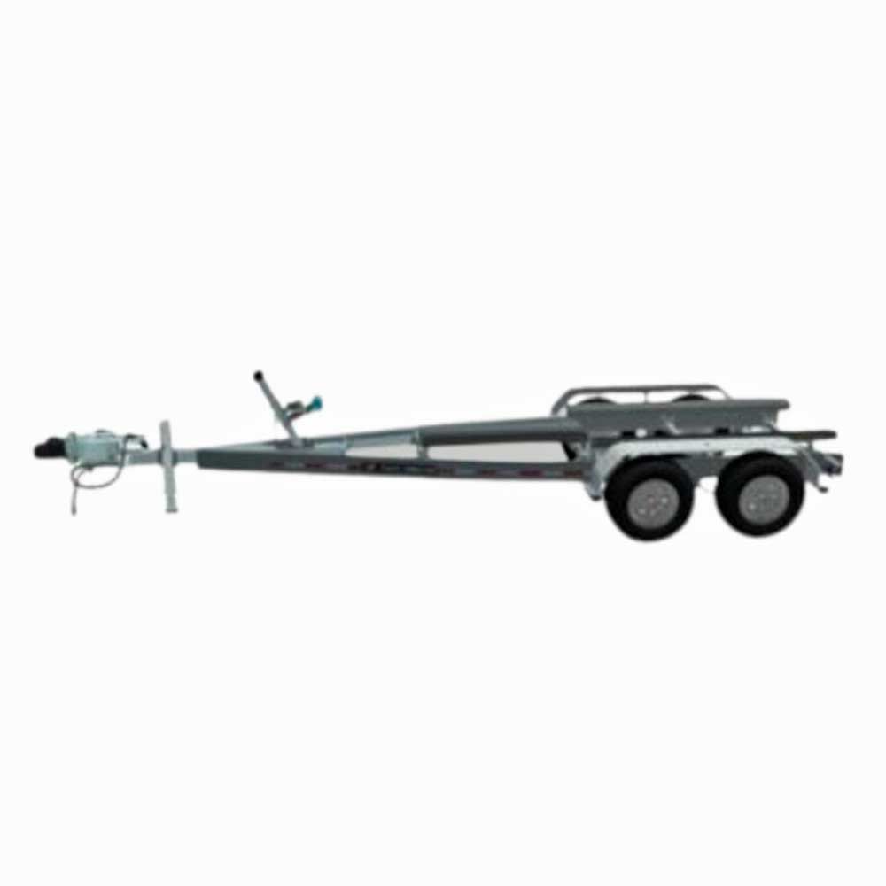 Boat trailer with dual axles, grey steel frame, winch, and wheels.