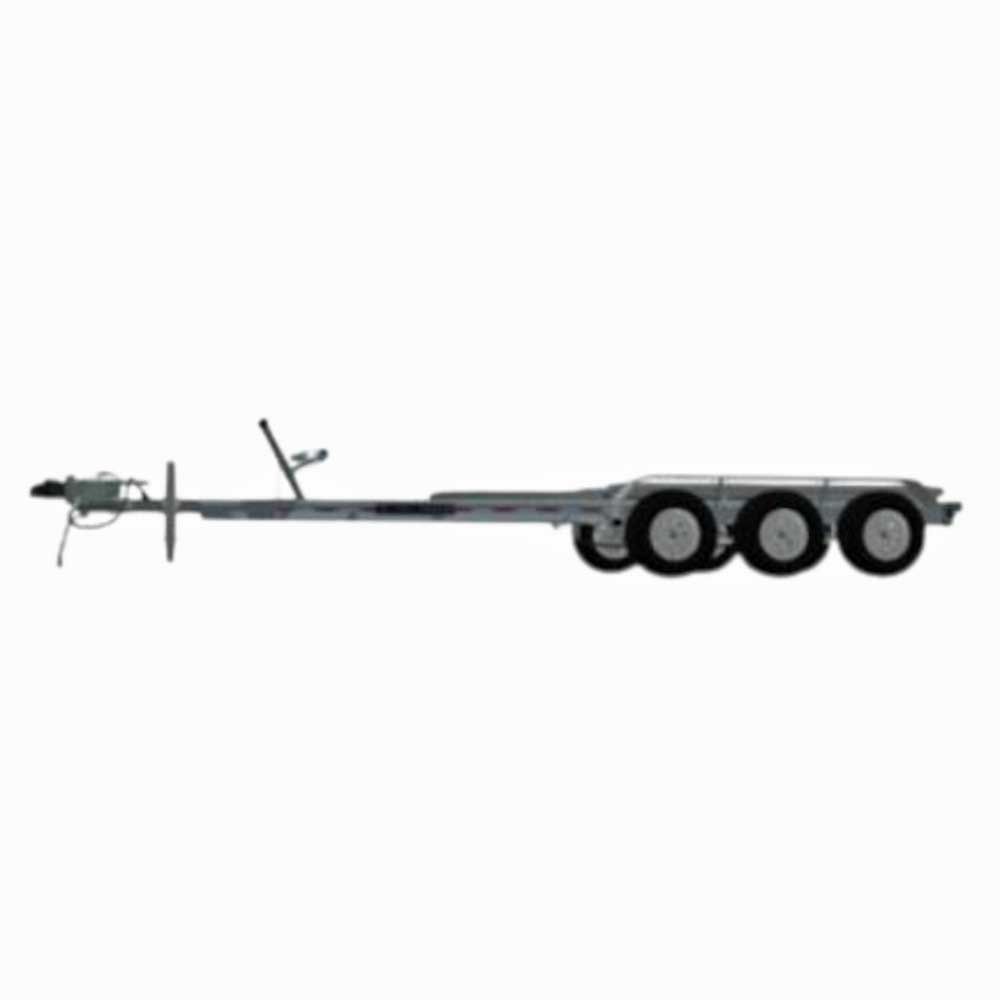 A gray boat trailer with a three-wheel axle, hitch, and support structure, against a white background.