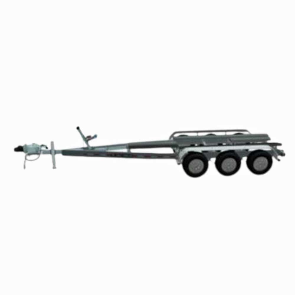 Boat trailer, metal frame, three wheels, with winch and roller at front.