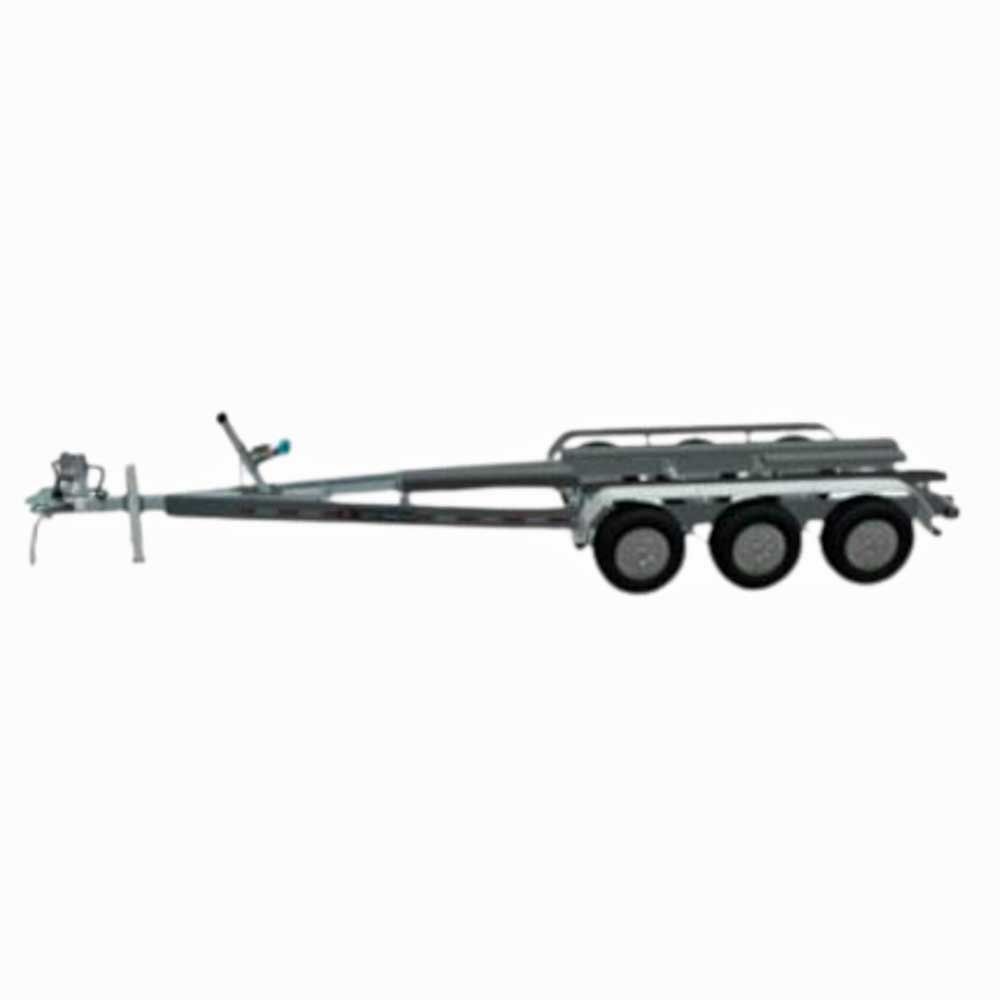 Boat trailer with three wheels, hitch, and winch on a white background.