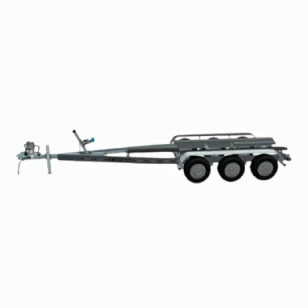 A gray boat trailer with three wheels, a winch, and rollers against a white background.