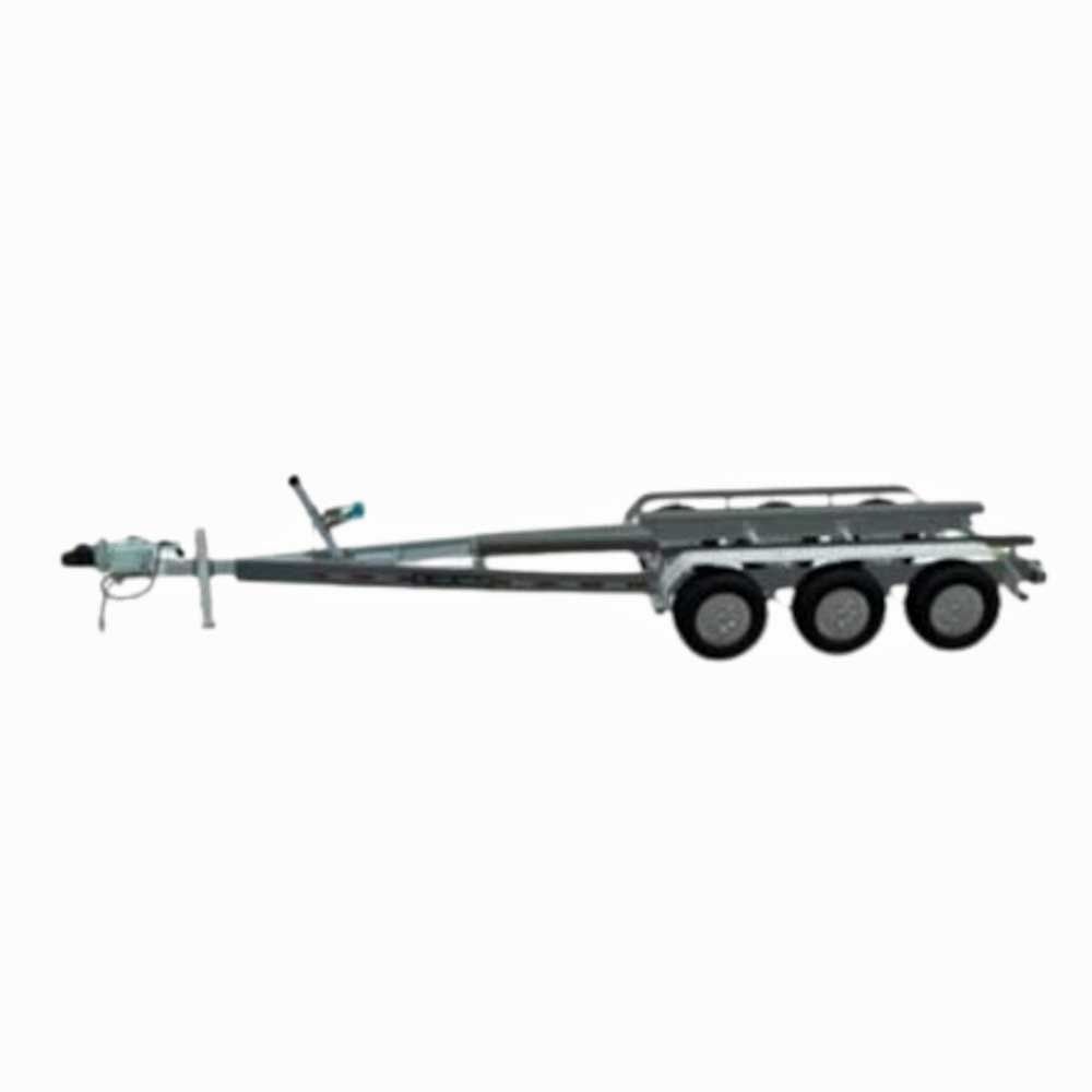Boat trailer with three wheels, hitch, and winch, angled toward the left.