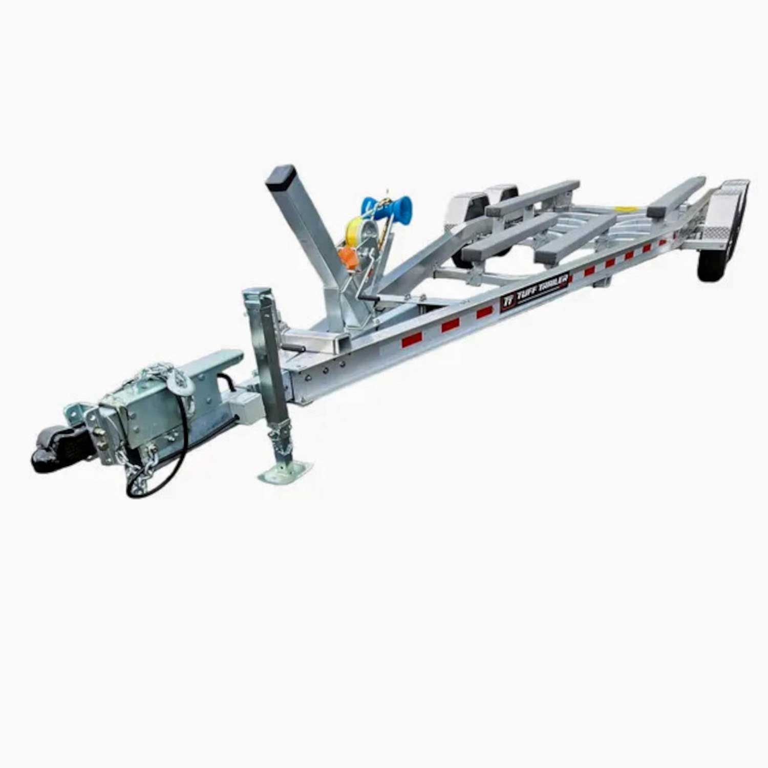 Aluminum boat trailer with winch, rollers, and hitch against a white background.