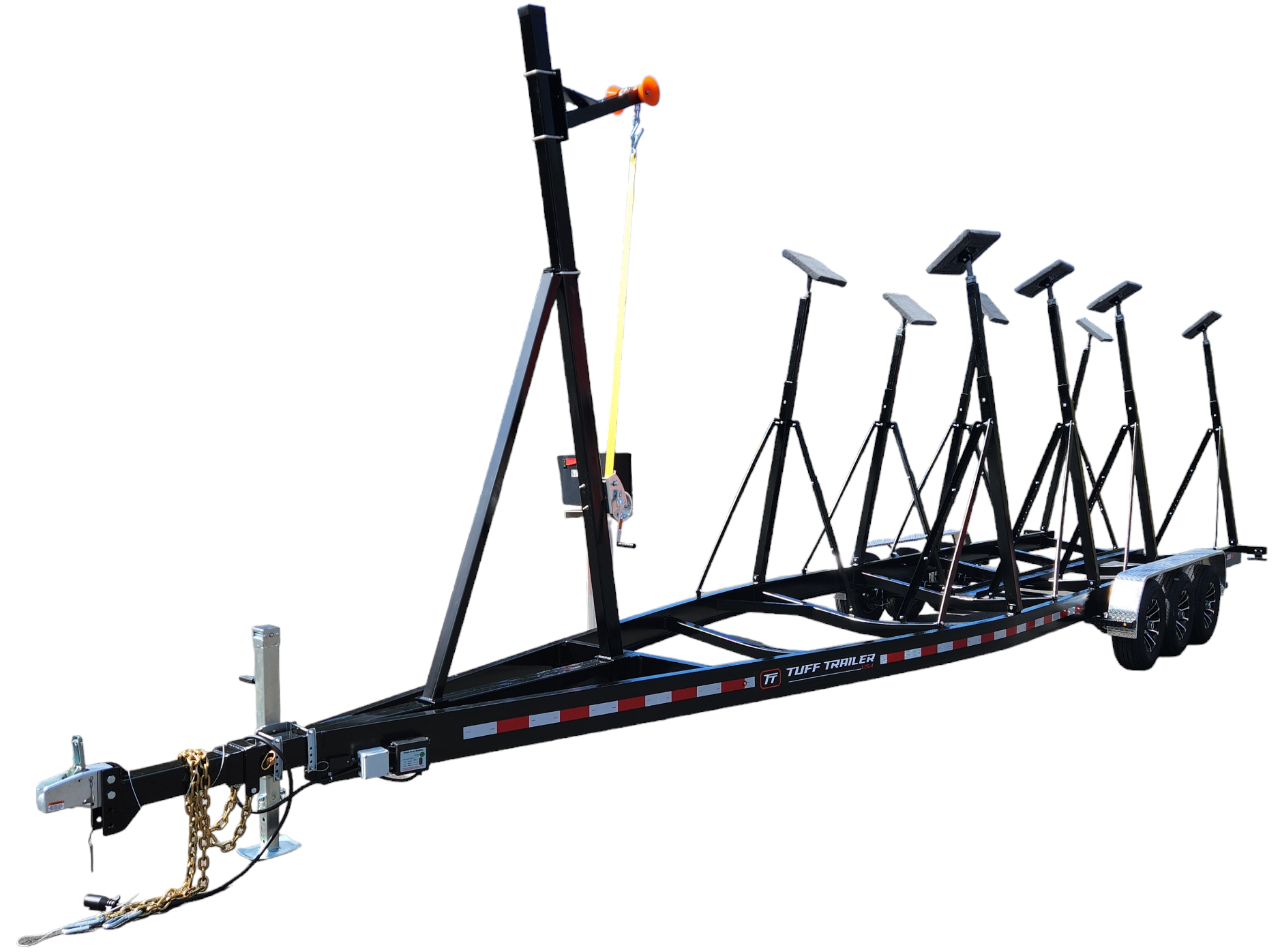 Black boat trailer with several adjustable supports.