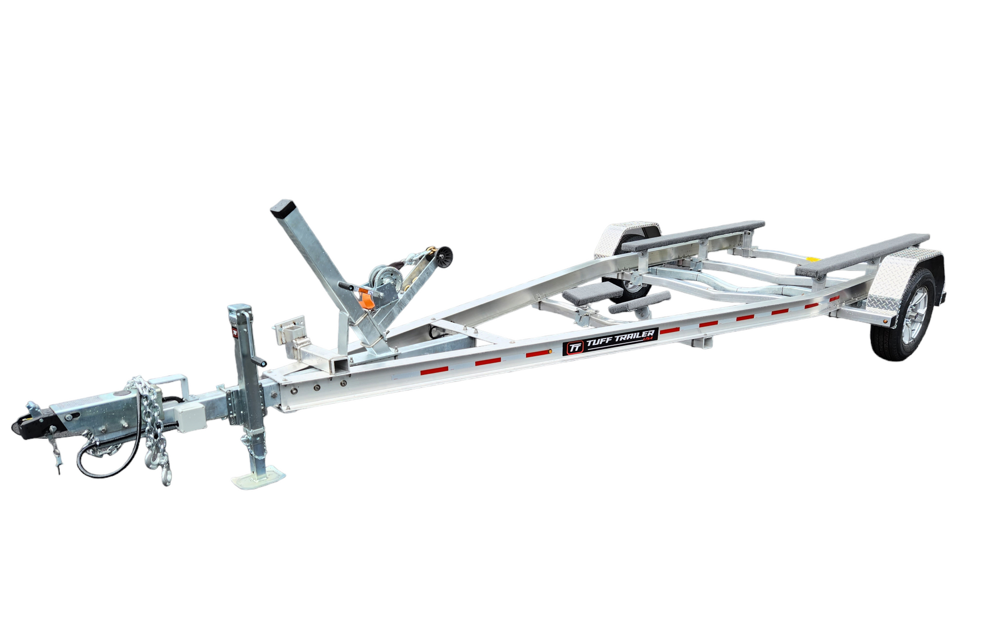 Silver boat trailer with a winch, wheels, and a hitch, set against a white background.