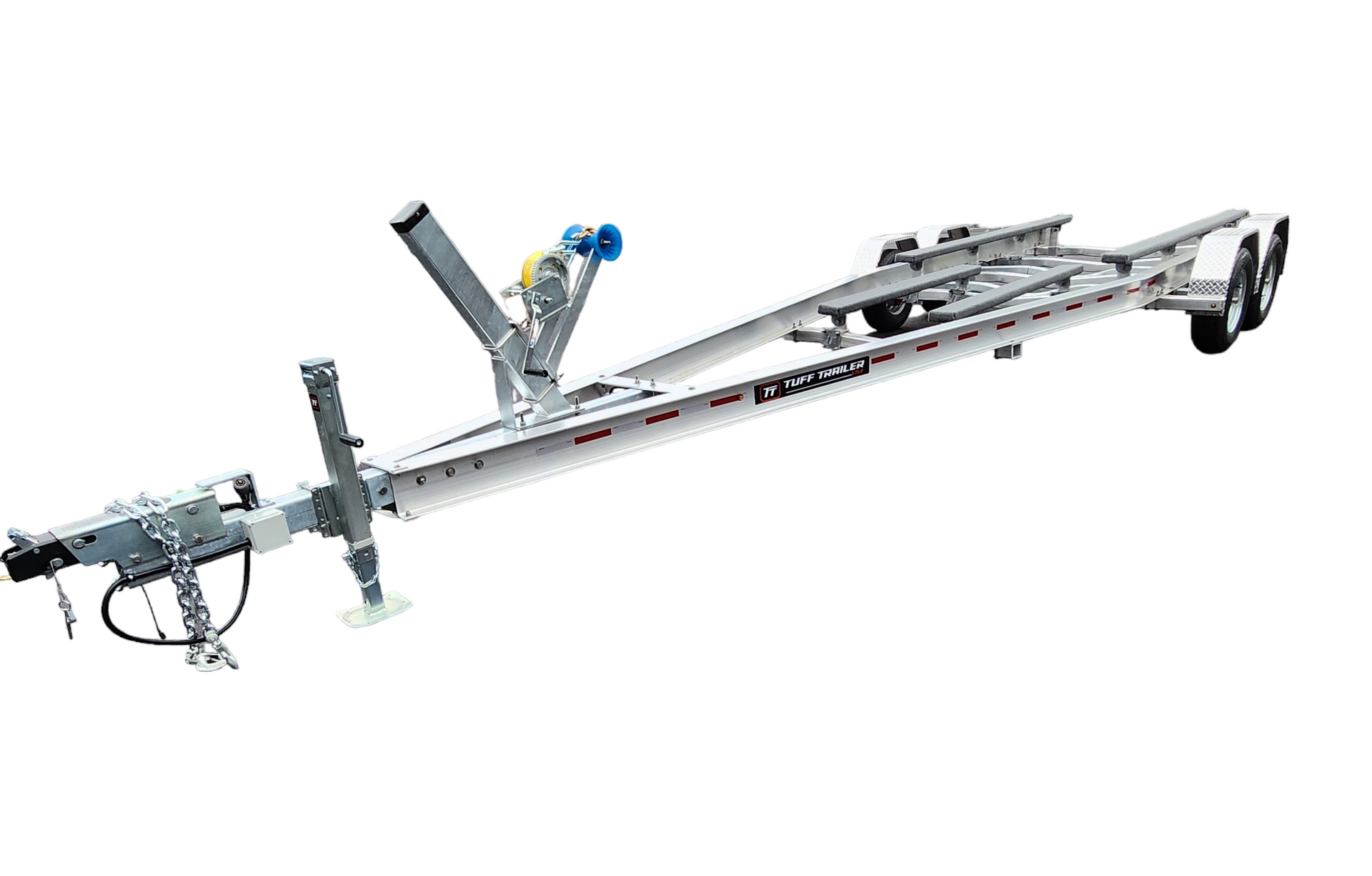Silver boat trailer on a white background, angled towards the right.