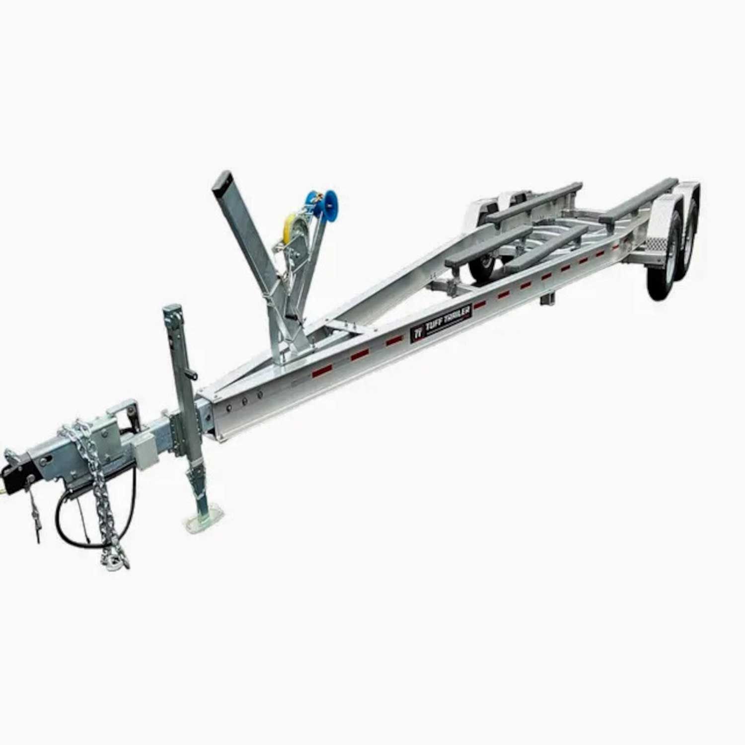 Boat trailer, silver with a black tow hitch, set against a white background.