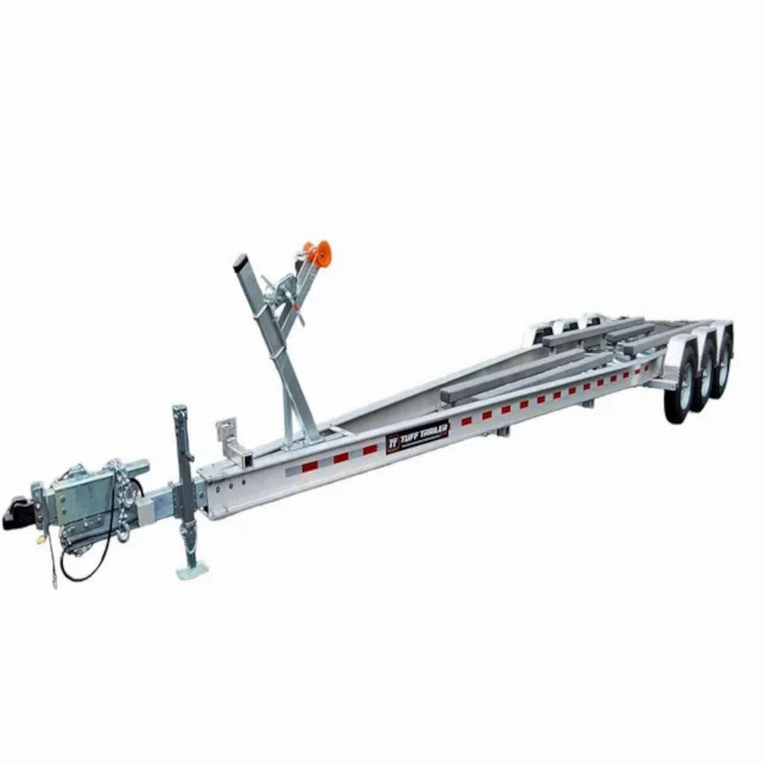 Silver boat trailer with three axles and winch.
