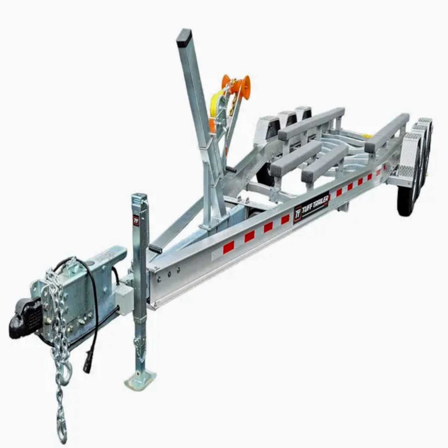 Silver boat trailer on a white background, featuring a winch, roller supports, and hitch.