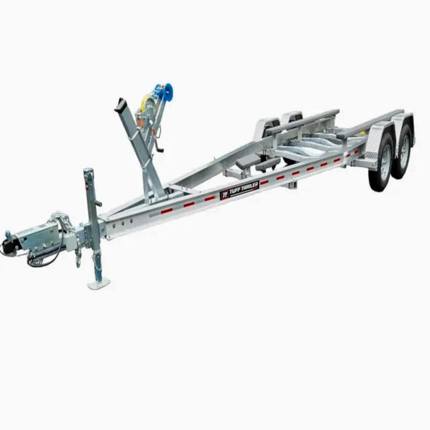 Silver boat trailer with two axles, winch, and guide posts.