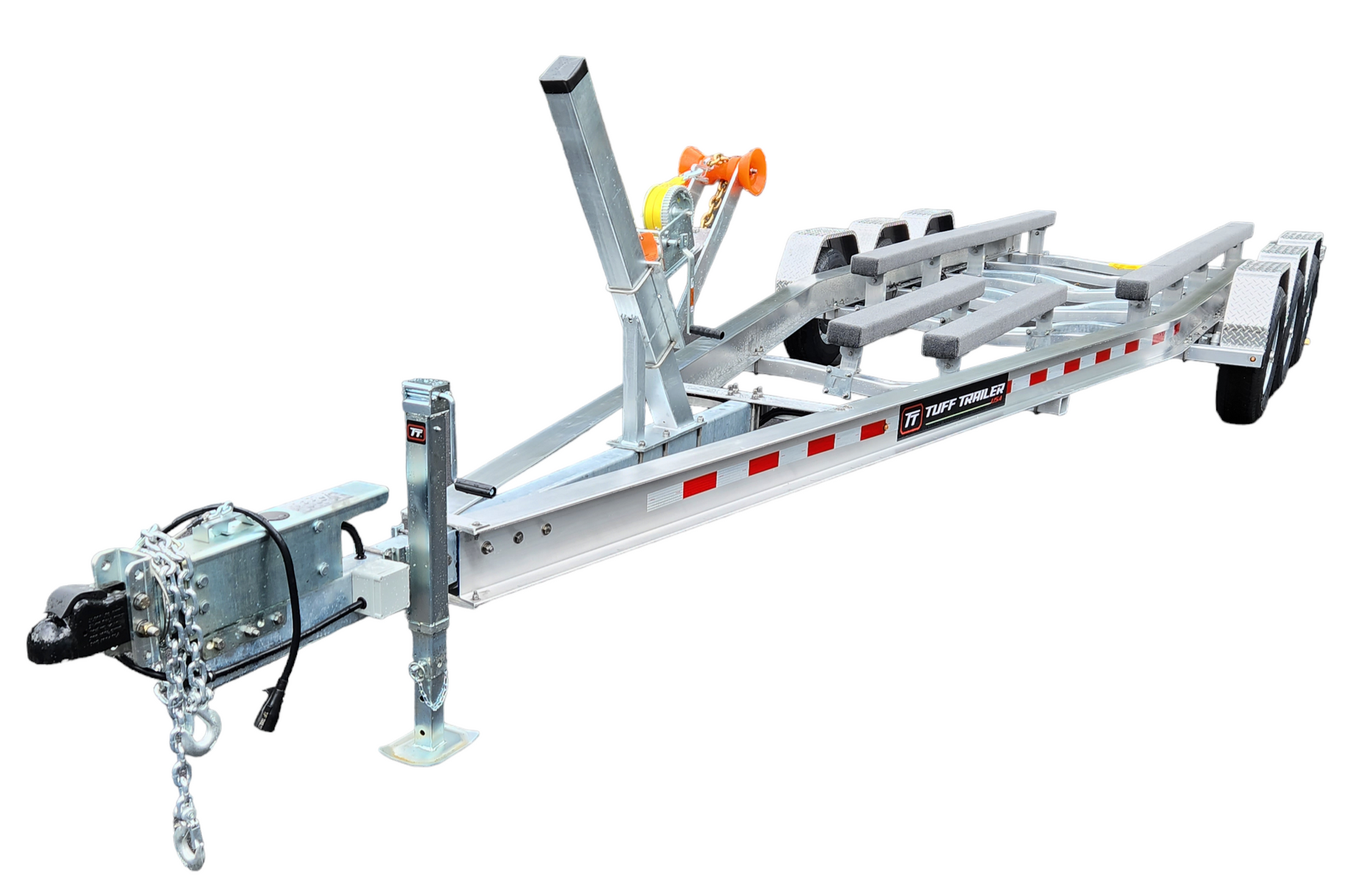 Boat trailer, white, with rollers and winch at the front. Triple-axle design, hitch attached.