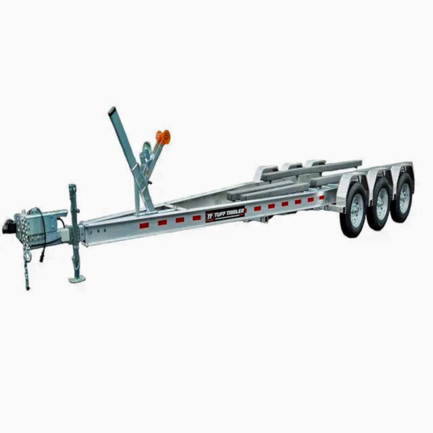 Aluminum boat trailer with three axles and a winch.