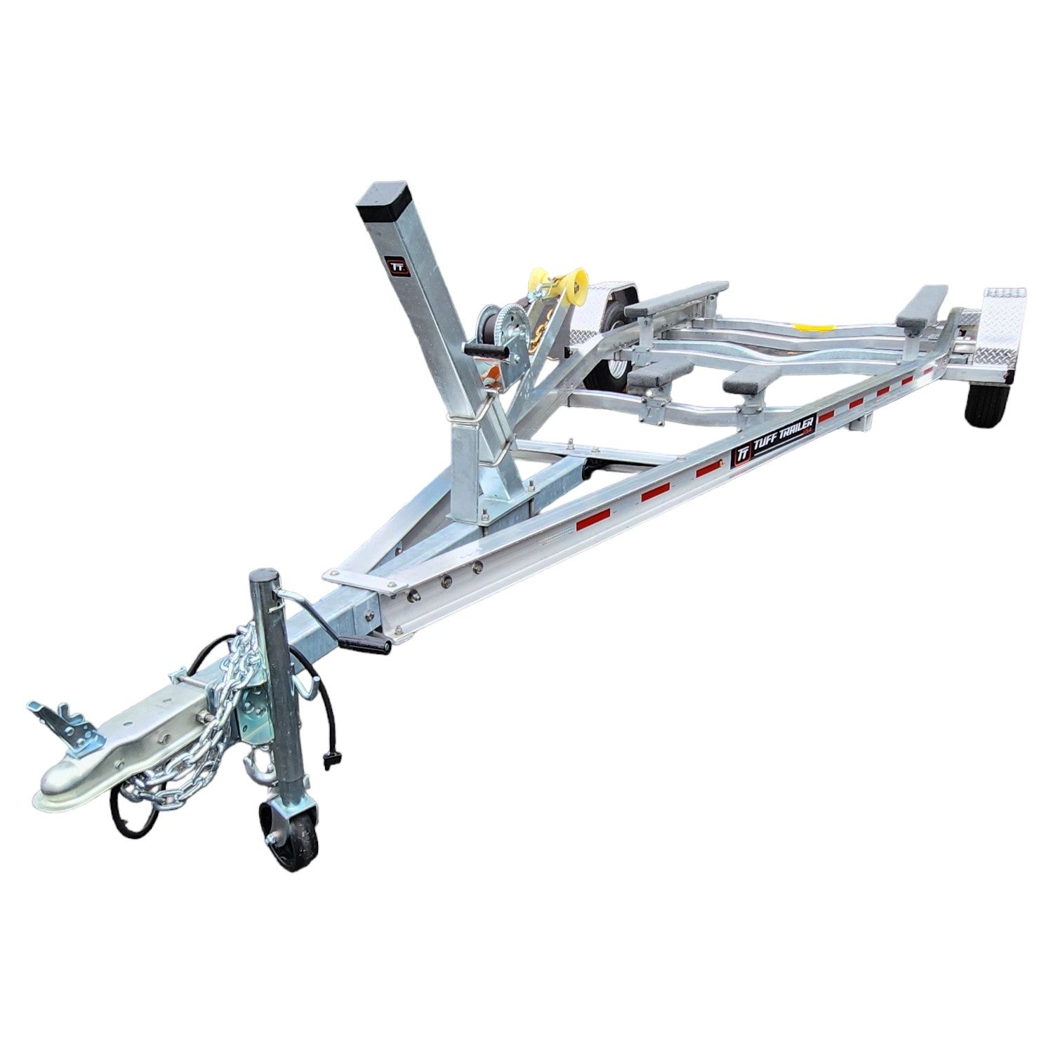 Boat trailer on a white background, featuring a winch, frame, wheels, and a hitch.