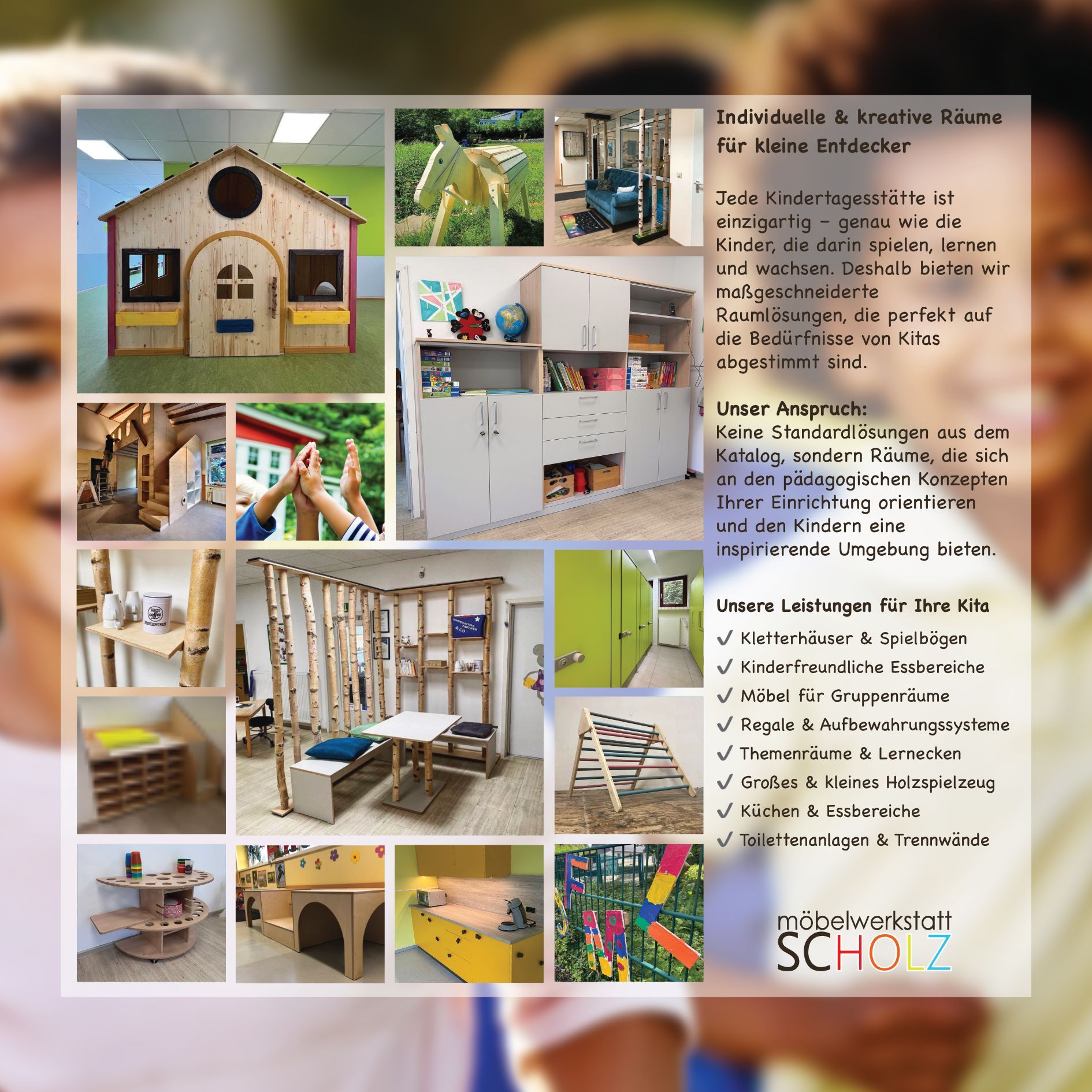 Collage eines farbenfrohen Holzspielhauses und eines Indoor-Spielzimmers mit Kindermöbeln, Spielzeug und Text