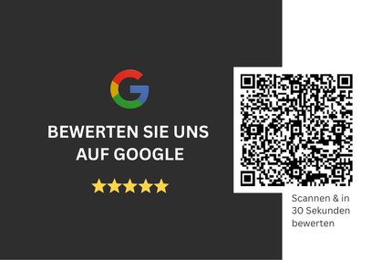 Google review prompt with QR code and German text on dark background, “Bewerten Sie uns auf Google”
