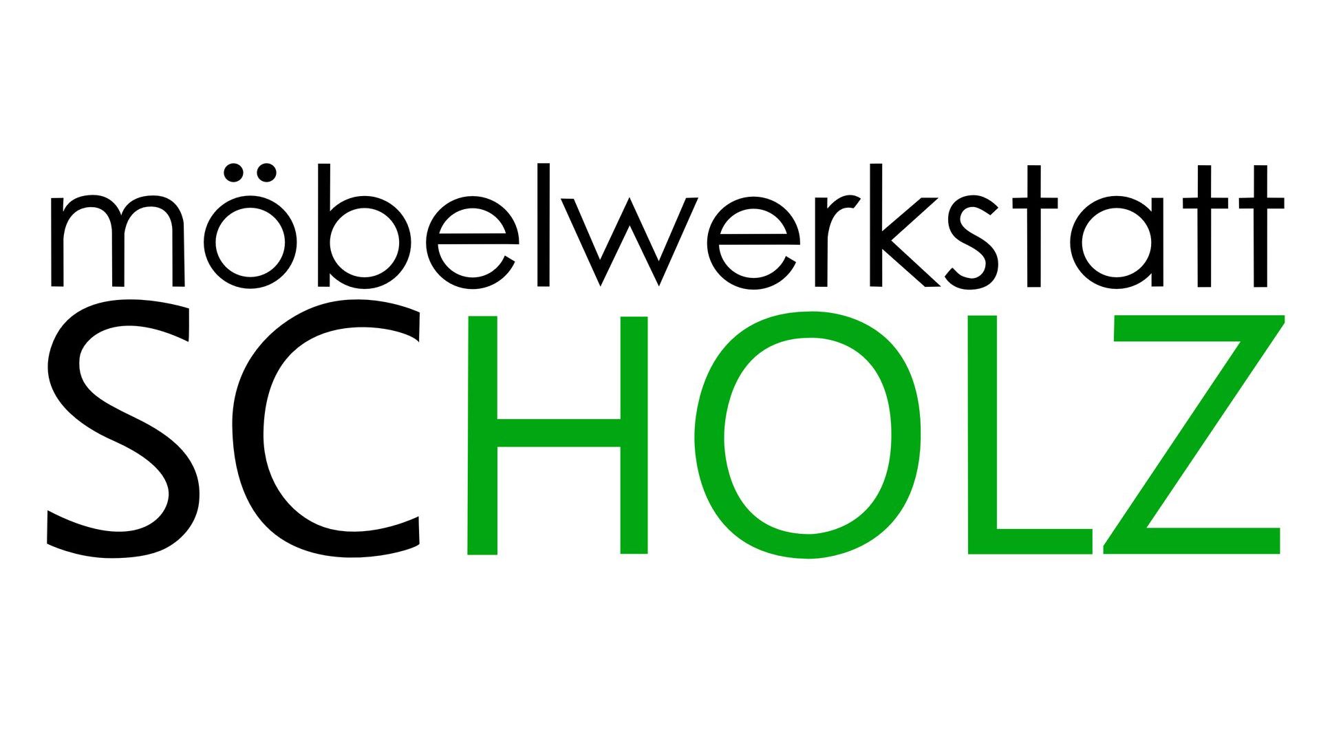 Logo mit der Aufschrift „Möbelwerkstatt SCHOLZ“ in schwarzer und grüner Schrift auf weißem Hintergrund
