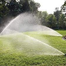 A sprinkler is spraying water on a lush green lawn.