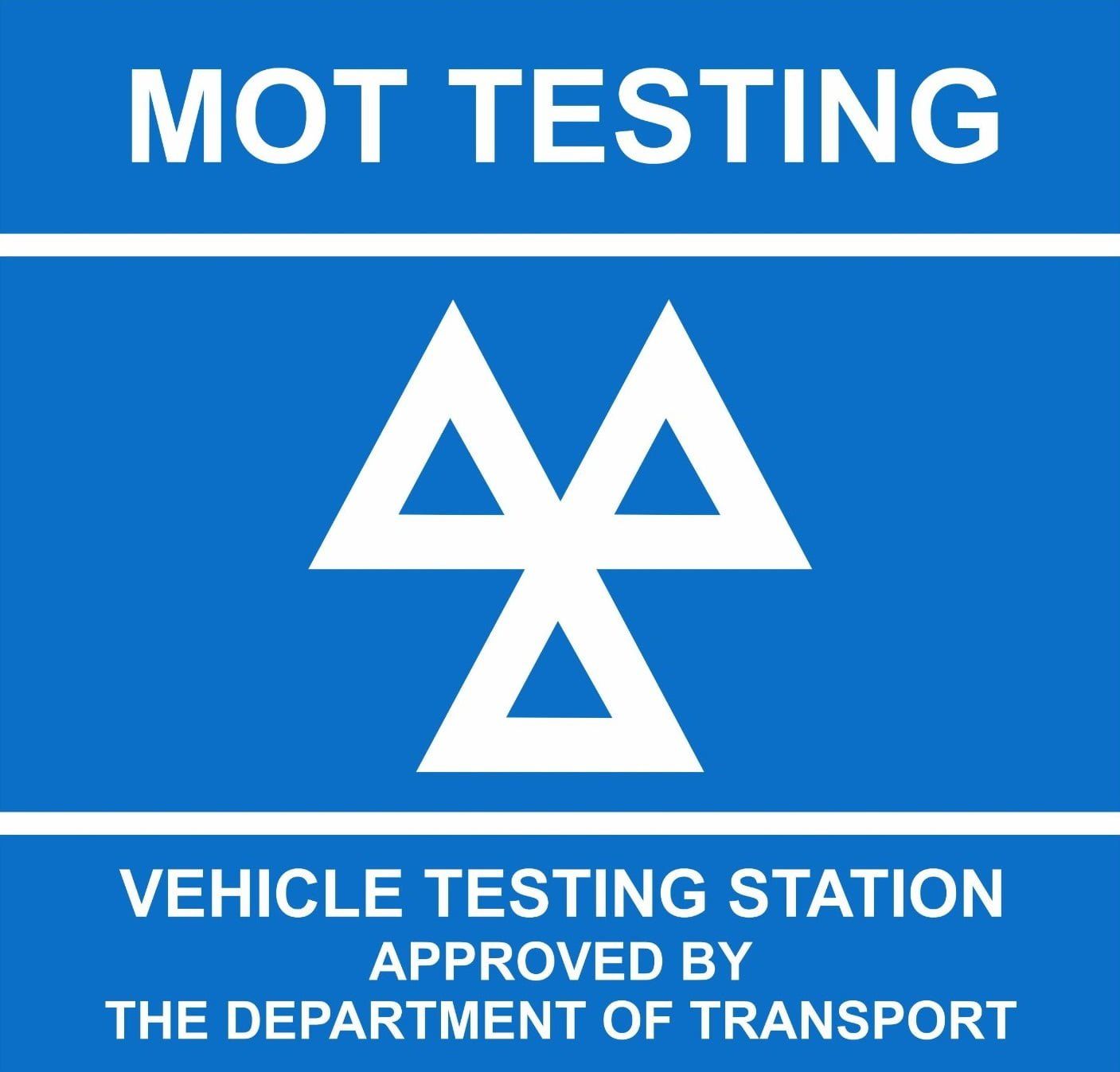 a blue sign that says mot testing vehicle testing station approved by the department of transport
