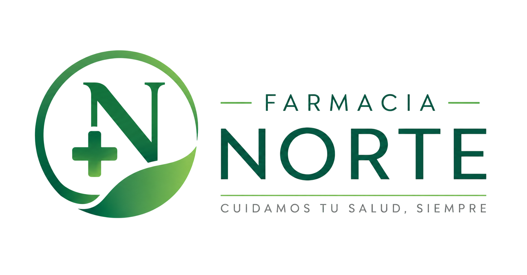 Farmacia Norte logo with green circular N and cross, plus slogan “Cuidamos tu salud, siempre”