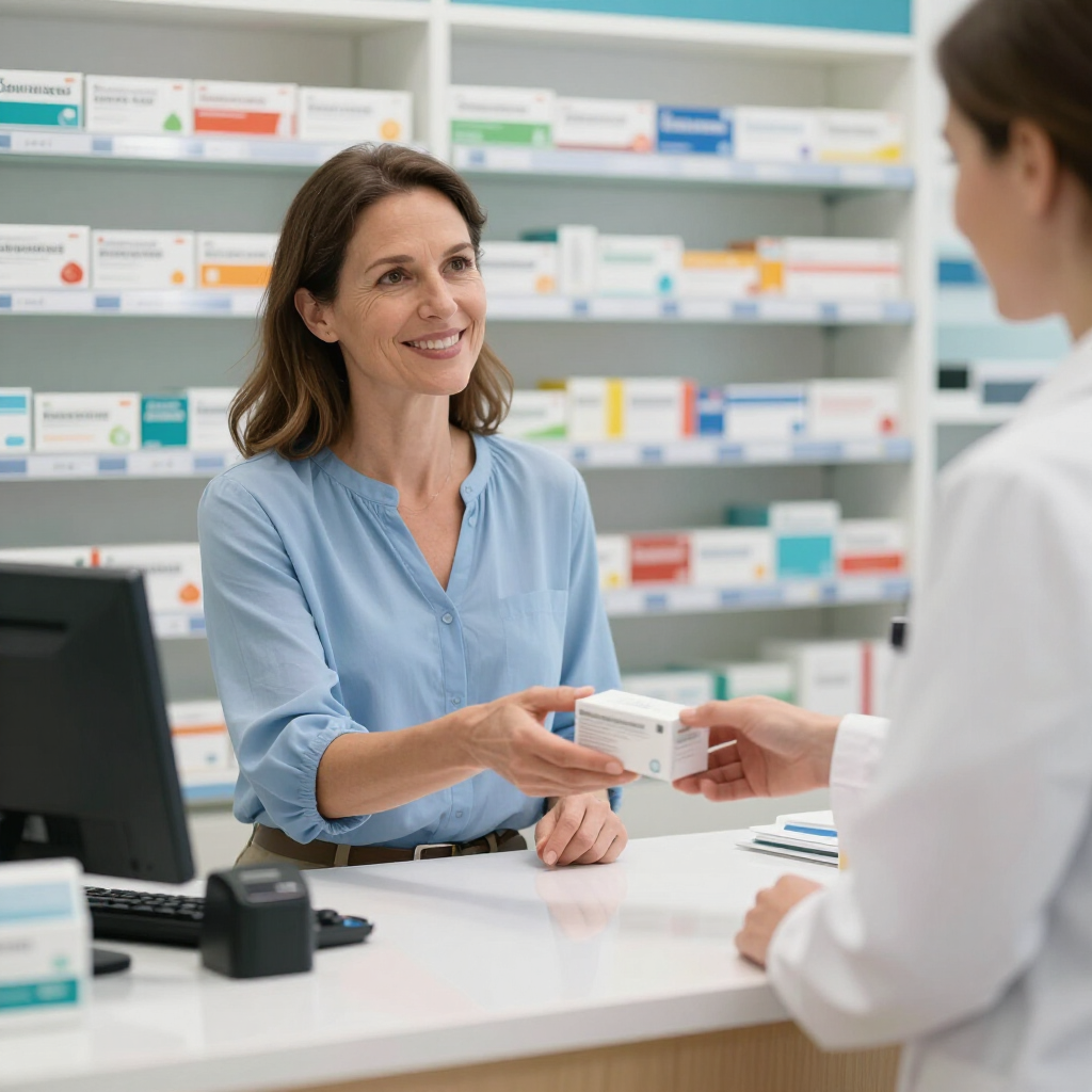 Cliente recibiendo medicamentos en el mostrador de una farmacia.